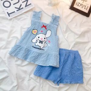 2pcs/Set Sanrio Cinnamoroll Printing Childrens Pajamas Summer Thin Girls Pure Cotton Suspender Vest Home Clothing Set
