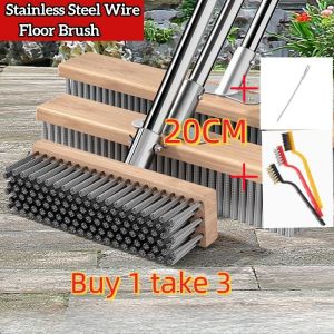 Heavy Duty Stiff Metal Bristle Brush 304 Stainless Steel Wire Scrub Brush with Long Handle for Deck Concrete Patio Moss Removal gift 3pcs small and Sewer brush Buy 1 take 3