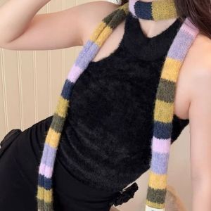 NEEUJ Harajuku Style Y2K Striped Scarf Rainbow Color Collocation Clothing Accessories Stripe Shawl Simple Scarf Accessories Long Narrow Scarves Girl