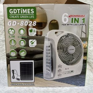 พัดลมโซล่าเซลล์ 6 IN 1 มสายชาร์จ TYPE-C GD-8028 ใช้พลังงานเเสงอาทิตย์ ประหยัดไฟฟ้า