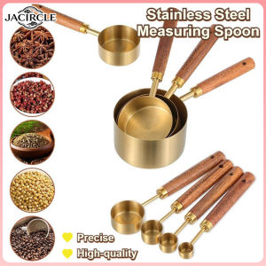 JACIRCLE Gold Measuring Cups and Spoons Set with Wood Handle Metal Measuring Spoons Set Kitchen Food Baking