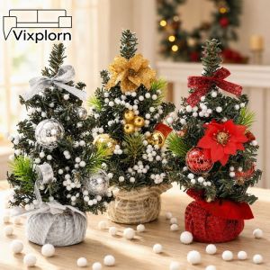 Vixplorn Mini Christmas Tree With Ribbon Bow Ball Ornaments Plastic Foam Home Party Decor Gold Red Silver