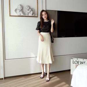 AMMIN กระโปรงพร็อพกระโปรงนางเงือกผู้หญิงแฟชั่นสไตล์เกาหลีมีซิปเอวสูงสีทึบเรียบง่ายมีซิปยาวปานกลางฤดูใบไม้ผลิ/ฤดูร้อน