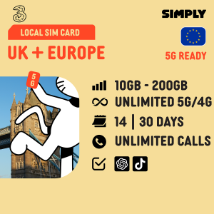 SIMPLY UK/Europe | 30 Days | 3UK | 10GB/100GB/200GB/Unlimited 5G/4G | Local UK SIM Card