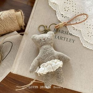 South Korea INS New white apron with a pastoral-style teddy bear charm Sweet and cute bag charms healing dolls