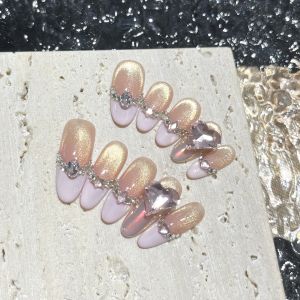 【HANDMADE+Free Glue】Artificial Nail Pink French Cat Eye Exquisite Love Crystal Phototherapy Fake Nail Patch Press on Nails Reusable