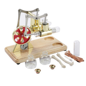 Stirling Engine Kit Hot Air Motor Model Physical Dual Engine Generator Model with L-E-D Light Flywheel Design Science Experiment Wooden Base DIY Education Toy for Teacher Adults Kids School Office Decor
