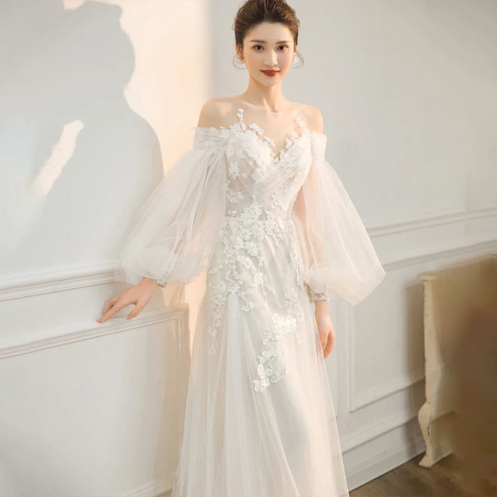 Glary Star Long-sleeved Mori Light Wedding Dress, Super Fairy, Dreamy  Bride, Korean-style Outing, Welcoming Gauze, One-shoulder Princess-style  Dress