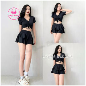 Bikini đi biển hai mảnh áo cộc tay rút dây phối chân váy xếp tầng hách dáng