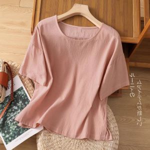 LUCKIN STORE Women‘s Cotton Linen Top Round Neck Short Sleeve Blouse Casual Solid Color Shirt Plus Size Summer New Blouse
