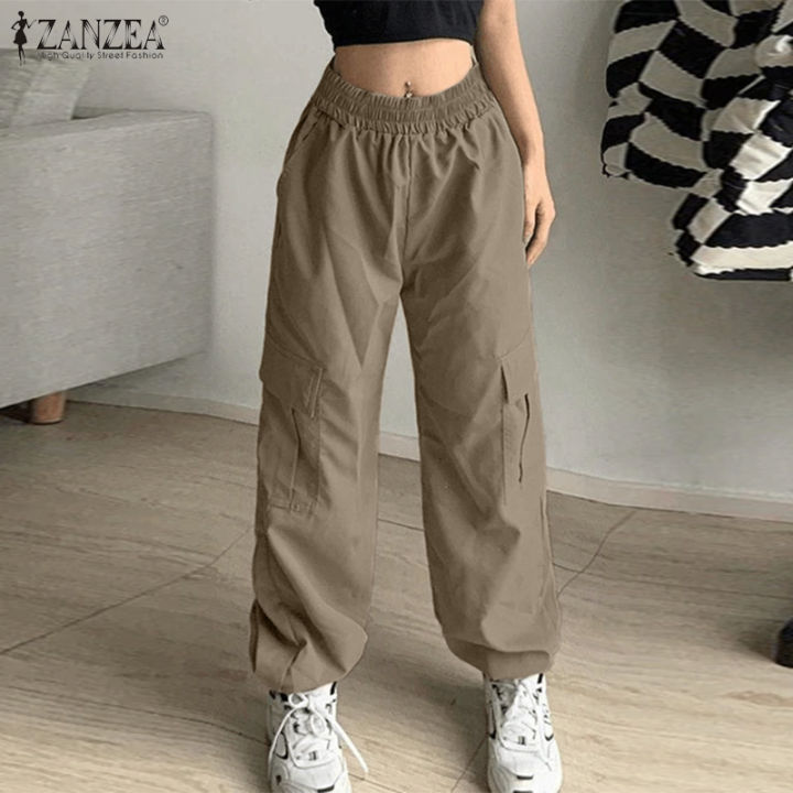 ZANZEA Korean Style Women Fashion Cargo Long Pants Elastic High Waist  Pockets Casual Loose Harem Trousers #10