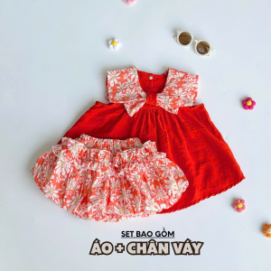 BG26 Bộ áo Babydoll chân váy RIOKIDS quần áo đầy tháng cho bé gái sơ sinh thôi nôi
