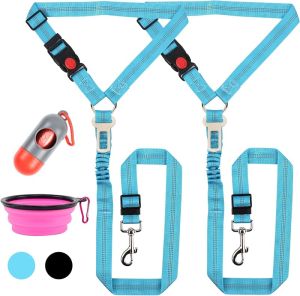 4 in 1 Set Dog Car Removable & Hardest Seatbelts AdjustableSeat Belt Harness for Cars Retractable Restraint Secures to Vehicle Headrest Poop Bag and Dog Bowl Black