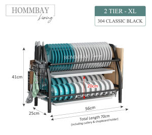 SLASHED PRICES TO CLEAR STOCK ! HOMMBAY Kitchen Rack [ Premium 304 Stainless Steel Kitchen Dish Rack ] 2 Tier Kitchen Dish Rack / 3 Tier Kitchen Dish Rack / Dishrack with Multi Compartments / Adjustable Hooks & Cutlery Holder & Knife Holder