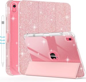 Vỏ ốp iPad thế hệ thứ 11 (A16) 2025 cho iPad thế hệ thứ 10 10.9 inch 2022 với hộp đựng bút chì cô gái phụ nữ lấp lánh lấp lánh da giá đỡ gấp làm ba từ tính thông minh Bìa sáng bóng nhựa TPU trong suốt trở lại chống sốc trường hợp