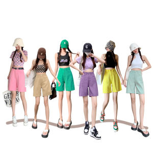 6 Warna Celana Pendek Wanita Celana Denim Jeans Pinggang Tinggi Polos Celana Potongan Lurus Longgar