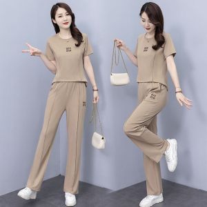 Fashion Sports Letter Set Womens Summer Quality Reduced Age Casual Straight Pants Two Piece Set