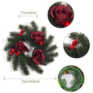 FOUNDTWO Handmade Christmas Candlestick Wreath DIY 20cm Simulation Pine Branch Fake Pine Branch Wreath Rose Flower Red Berry Candle Wreaths New Year