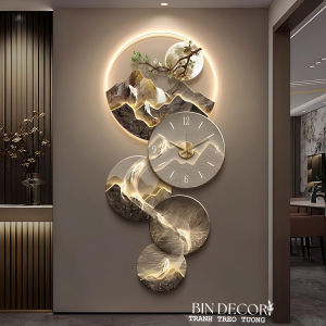 Tranh đồng hồ đèn led núi non hùng vĩ và cá uv mặt mica sáng bóng kèm đinh