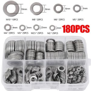360/180Pcs Stainless Steel Flat Washers Assortment Kit Flat Gasket Rings Plain M2 M2.5 M3 M4 M5 M6 M8 M10 Hardware Metal Washers