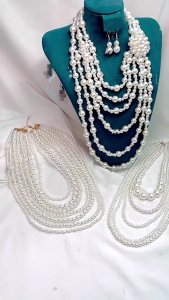 Womens Elegant Multi Strand Faux Pearls Beaded Necklace and Earrings Set Stylish Set for Fashion Enthusiasts