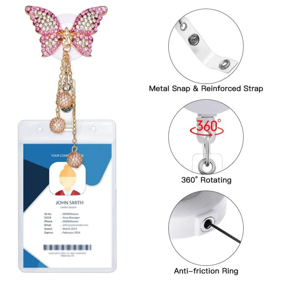  2 Pack Bling Butterfly Retractable ID Badge Holder Nurse Badge  Reels with Clip, 24 inch Retractable Cord, Name Card Holders for Office  Worker Doctor Girls Women : Office Products