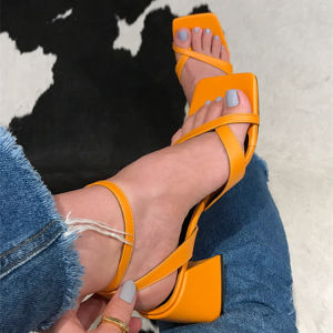 New Large Size Chunky Heel Toe-Loop Buckle Sandals For Women With Hollow Square Toe High Heels