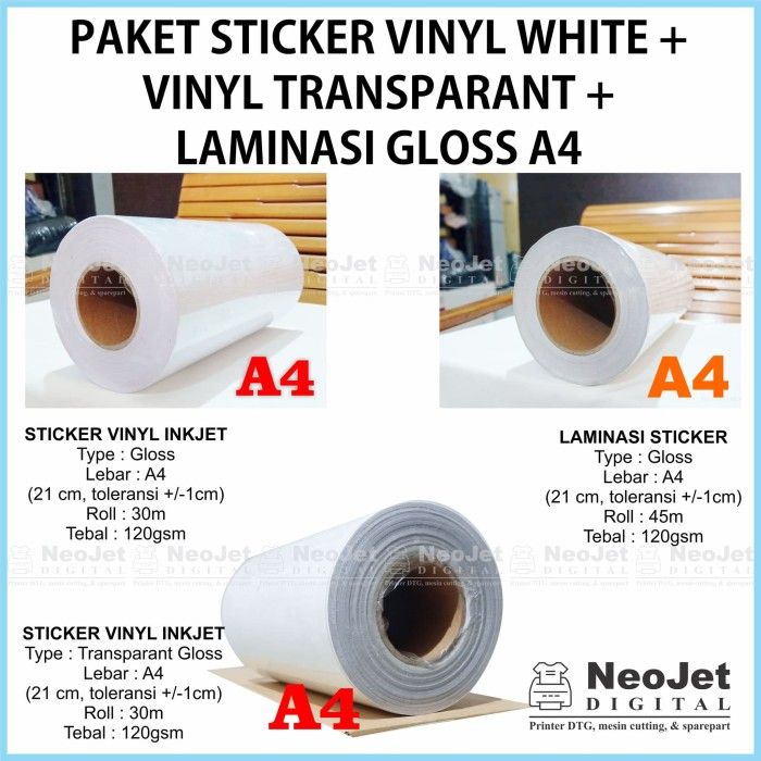 Paket Sticker Stiker Vinyl White Transparant Laminasi Gloss 120 gsm A4 ...