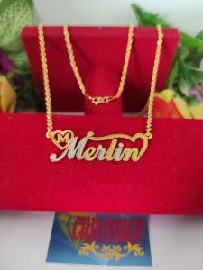 Kalung Liontin Nama Titanium Custom Elegant Lapis Emas Kombinasi Silver 24K