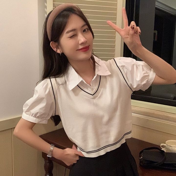 03015 Knitted vest crop tops inner polo shirts short sleeve korean