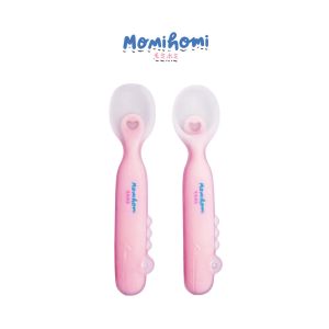 Momi Homi Silicone Baby Spoon Set 2 in 1 Free Case ( 3065 ) Sendok Silikon Perlengkapan Alat Makan MPASI Aman Untuk Anak Bayi Food Grade BPA Free