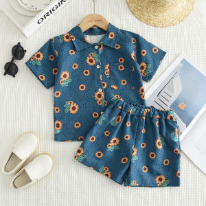 Bear Leader Kids Clothing Sets Boys and Girls Blue Imitation Denim Short Sleeves Shirts and Shorts 2 Pieces Suits Brother and Sister Sunflower Printing Clothes Outfits 3-7 Years