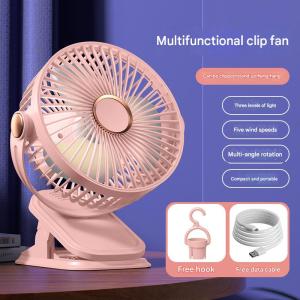 Mini Rechargeable Desk Fan with Light Rotating Clip-On Electric Fan for Stroller Outdoor Portable Use Low Noise High Wind Five-Level High Wind Power Refreshing Cool Breeze Three-Level Lighting Ideal for Various Settings
