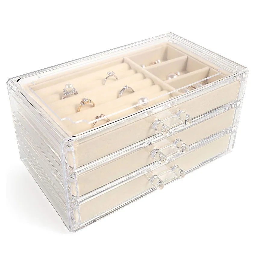 FEISCON Acrylic Jewelry Organizer Makeup Cosmetic Storage Organizer Box Clear Jewelry Case with 3 Drawers Adjustable Jewelry Box Velvet Trays Grid