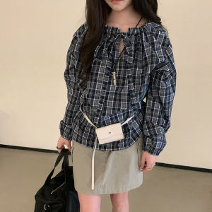 2026 Fall Women Vintage Plaid Long Sleeve Shirt Unique Design Loose Versatile Blouse