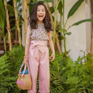 SETELAN ANAK PEREMPUAN IMPORT KOREAN STYLE CASUAL BLOUSE FLORAL TANPA LENGAN CELANA PANJANG HIGH WAIST 3IN1 FREE BELT