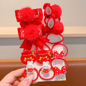 Girls Red Rubber Band Hair Ornament New Year Fabric Tie Hair Headband Bowtie Little Rabbit Hair Loop Headpiece
