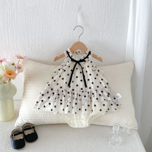 2026 Summer Polka Dot 3-24M Baby Girls Romper Ruffle Strap Black Bow Kids Outfit Decor Thin Newborn Princess Daily Bodysuit2026