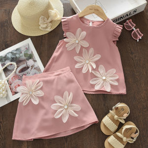 Gấu Lãnh Đạo 4-7years Cô Gái Thời Trang phiên bản Hàn Quốc Quần Áo Mùa Hè Mới Ruffle 3D Hoa cổ tròn áo sát nách + Bộ đồ váy ngắn Trẻ Em Mặc Giản Dị