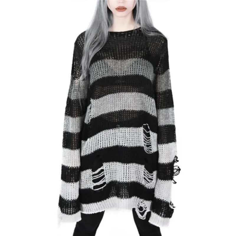 Women Y2K Striped Oversized Sweater Pullovers Ripped Punk Gothic