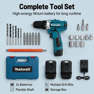 Makwatt 159V Electric Cordless Drill 2 Battery High Power Drill Multifunctional Cordless Screwdriver Power Tool Set