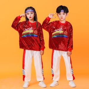 LOlanta Childrens Cheerleading Sequins Performance Costumes Kids Students Group Jazz Dance Hip Hop Street Clothes Stage Girls Boys 4-14Years