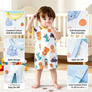 AILEBE Kids Bodysuits Combed Cotton Onesie Romper Jumpsuit Soft Breathable Skin-Friendly Split Design Easy On Off Cute Cartoon Multi Print No Sweat Non-Sticky Comfy Wear Newborn Infant Sleepwear For Baby Boys Girls 0-18 Months