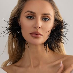 WAPKTY Multi-color Feather Feather Earrings Ins Luxury Exaggerated Style Geometric Rhinestone Earrings Sparkling Crystal Shiny Rhinestone Boho Drop Earrings Women Daily Wear