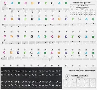 88/61 Key Color Piano Letter Notes Stickers Transparent Piano Keyboard Stickers for Beginners and Kids