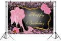 7x5ft Sweet Pink Happy Birthday Backdrop Rose Shiny Sequin High Heels Champagne Golden Frame Party Background Happy 30th 40th 50th 60th Birthday Decorations for Adults Women. 