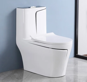 L.Hê Freeship Bồn cầu nguyên khối kẻ viền phong cách và sang trọng men tuyết nano phủ ceramic cao cấp - Bảo hành 15 năm