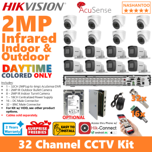 HIKVISION 32CH 2MP 16Cameras (8 Outdoor Bullet 8 Indoor Turret/Dome) IR Turbo HD AcuSense 32CH DIY CCTV Package Kit NASHANTOO 32/16IRV2 CPS(8B8T) (with optional HDD) (Cables are NOT included)