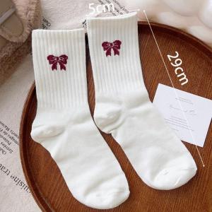 【Small Chrysanthemum】Anchor Red Sports Casual Socks Bow Mid-Tube Striped Autumn and Winter Pure Cotton Socks for Women