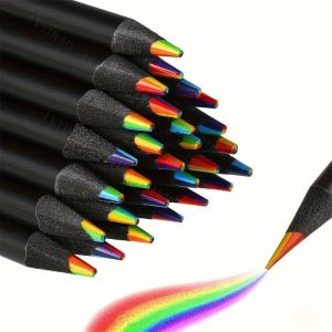 LVYIMAO ⭐ 6/12/24/48Pcs Rainbow Colored Pencils Multicolored 7 In 1 Black Wooden Bulk Rainbow Pencils Art Supplies Drawing Coloring Sketching Special Pen Equipment For Students Daily Writing Class